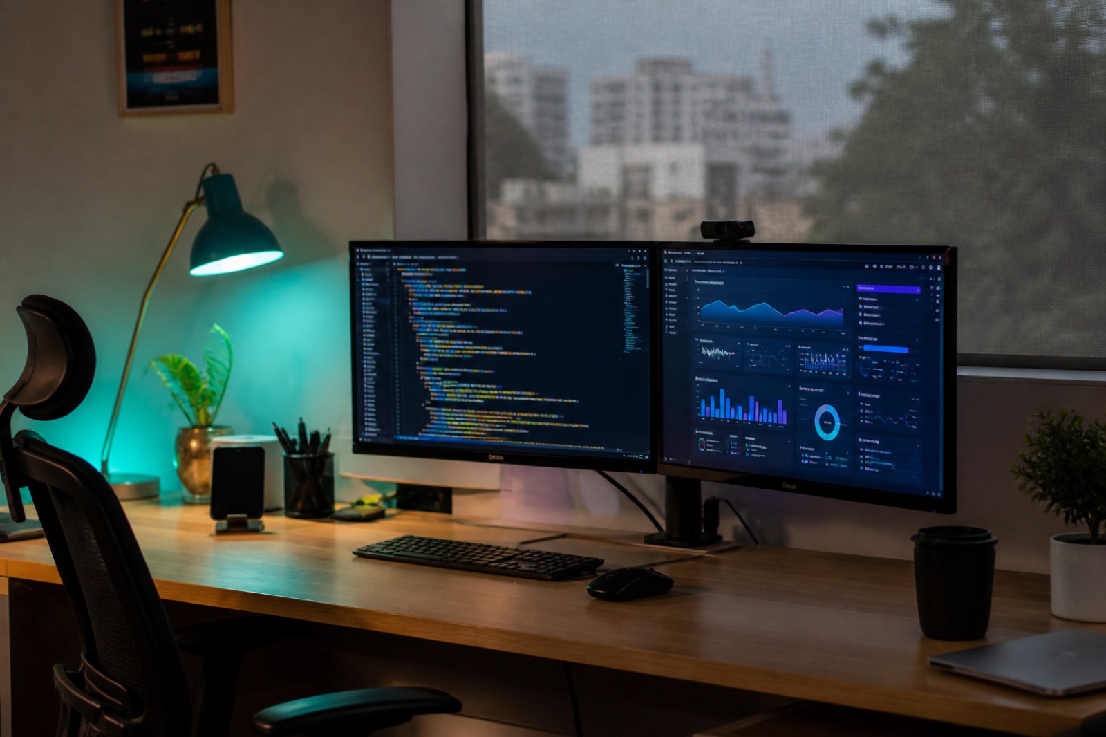 Development workspace with screens showing software dashboards